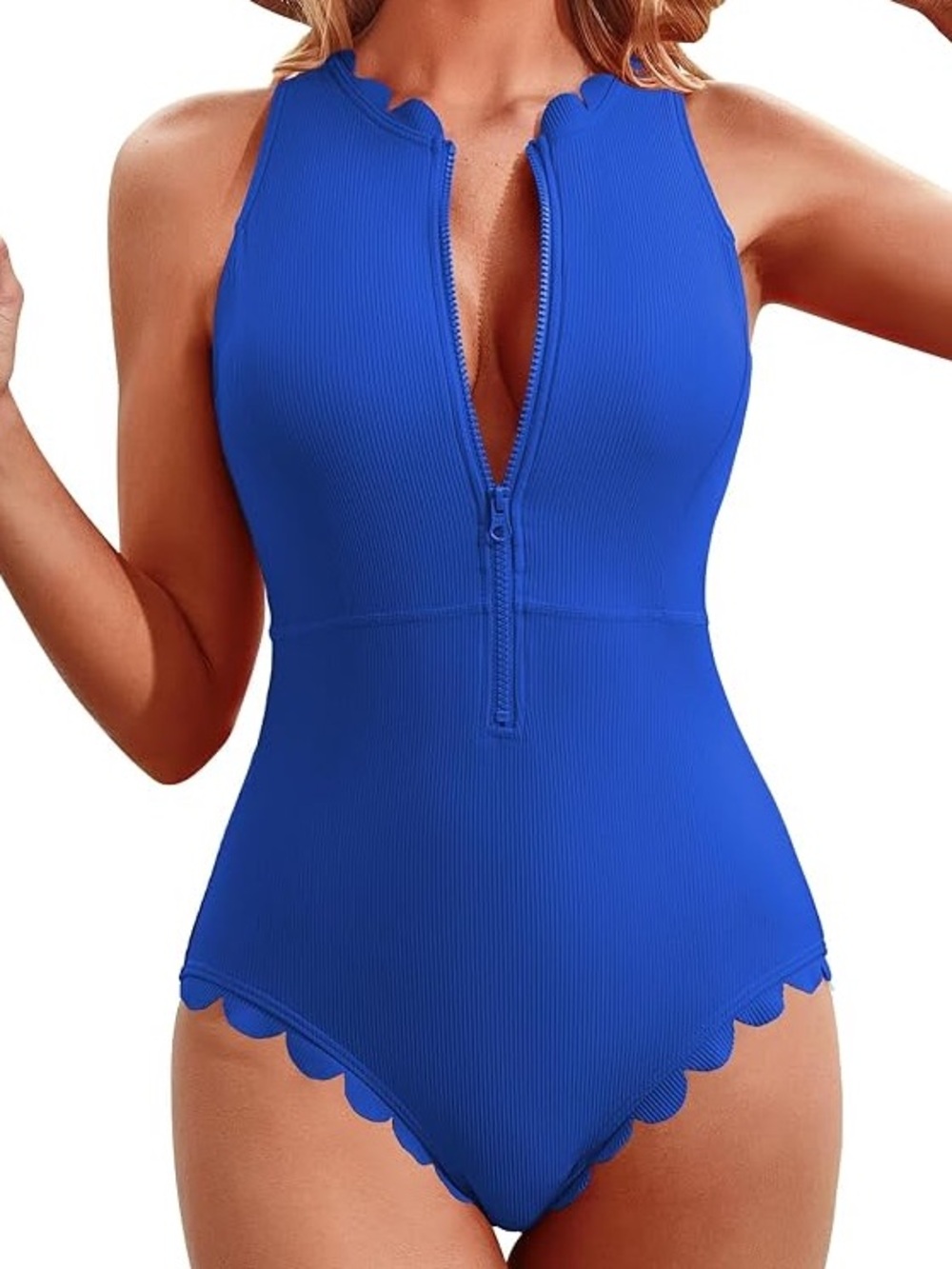 NWOT Sz S Charmo Bright Blue Scallop Trim Zip Front One-Piece Swimsuit